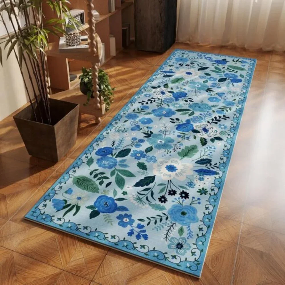 Non Slip 2'x 6' Blue Washable Runner Rugs with Rubber Backing Soft Floral Carpet